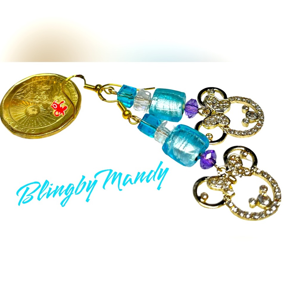 Gorgeous aquamarine -March birthday glass and sterling gold tone, Minnie Mouse